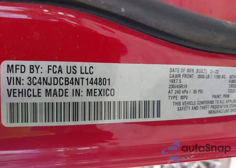 2022 Jeep Compass (Red) Edition 4X4 z USA, uszkodzony, nr VIN 3C4NJDCB4NT144801